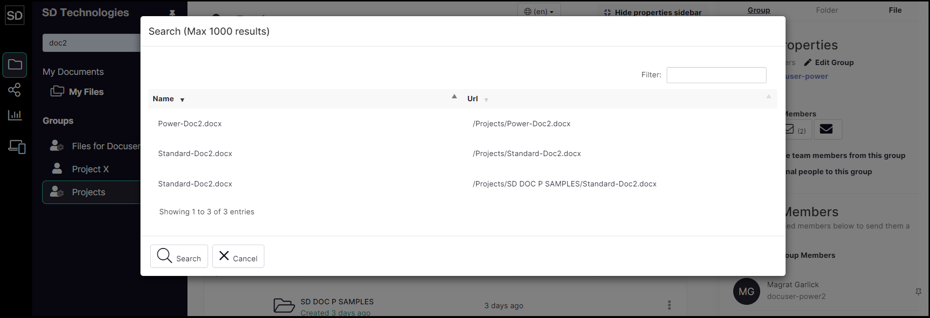 Example file search result list